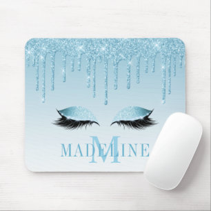 Modern modischer Blue Glitzer Lashes Monogram Mousepad