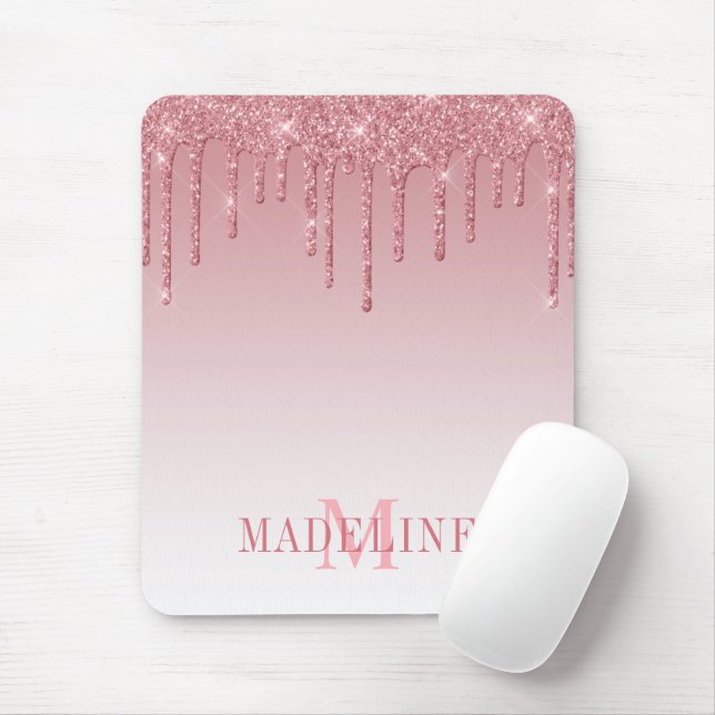 Modern modischer, rosafarbener Monogramm-Glitzer Mousepad (Mit Mouse)