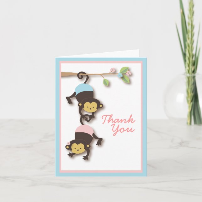 Modern Monkey Twin Girl & Boy Dankeschön Card Dankeskarte (Vorderseite)