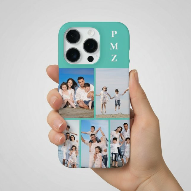 Modern Monogram 5 Photo Collage Aqua Blue Teal iPhone 16 Pro Hülle (Von Creator hochgeladen)