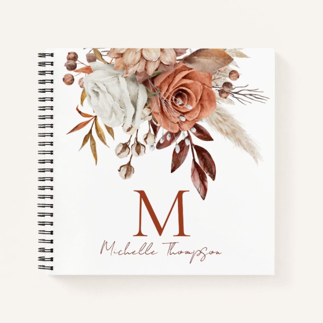 Modern Monogram, Anfangsname Terracotta Florals Notizbuch (Vorderseite)