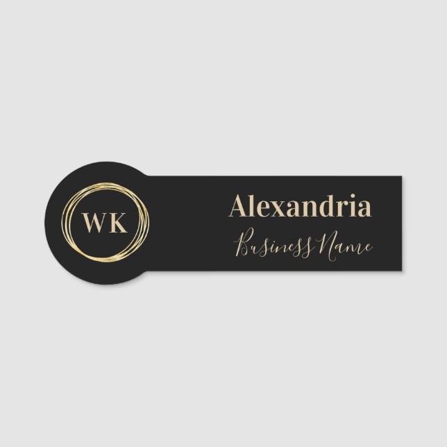 Modern Monogram Black Gold Employee Namensschild (Vorderseite)