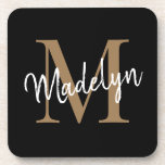 Modern Monogram Black Gold Feminine Script Name Getränkeuntersetzer<br><div class="desc">Moderne Monogram Black Gold Feminine Script Name Getränke Coaster. Diese moderne,  elegante Getränkeküste wird mit Ihrem individuellen Monogramm und Namen einfach personalisiert.</div>