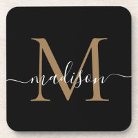 Modern Monogram Black Gold Feminine Script Name