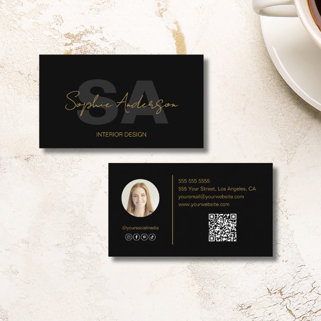 Modern Monogram Black Gold Foto QR Code Visitenkarte (Modern Monogram Black Gold Photo QR Code Business Card)