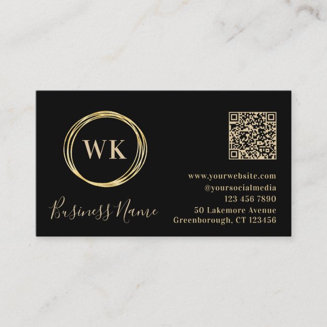 Modern Monogram Black Gold QR Code Visitenkarte (Vorderseite)