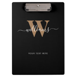 Modern Monogram Black Gold Script Initial Name Klemmbrett