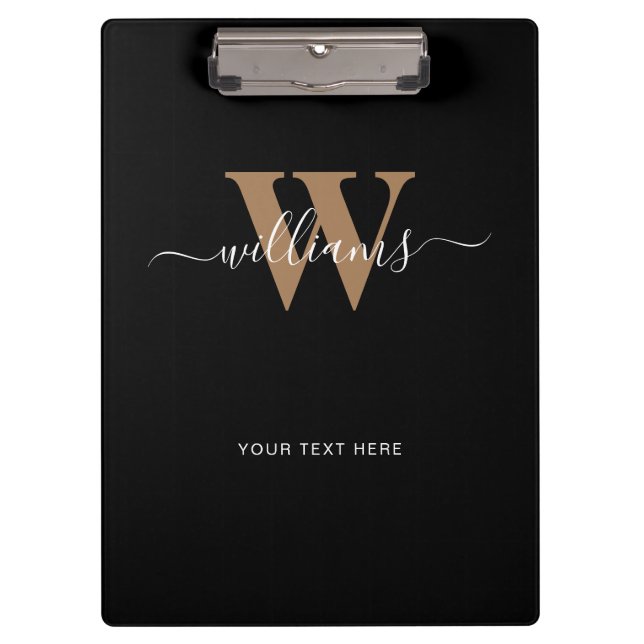 Modern Monogram Black Gold Script Initial Name Klemmbrett (Vorderseite)