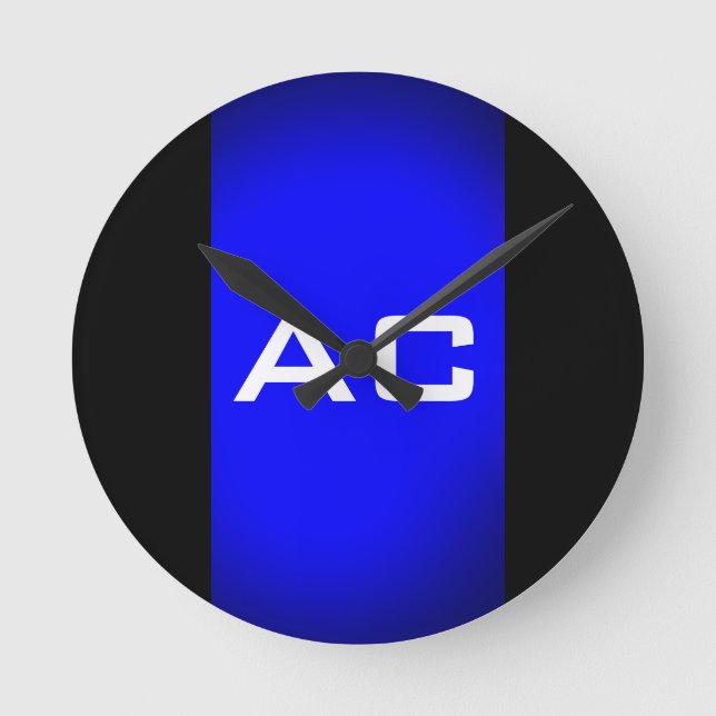Modern Monogram Blue Black Schlicht Runde Wanduhr (Vorderseite)