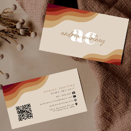Modern Monogram Boho Beige Terracotta Wavy Line QR Visitenkarte