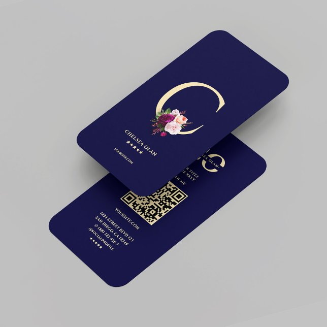 Modern Monogram C Floral Midnight Blue Gold Visitenkarte (Modern Monogram C Floral Midnight Blue Gold Business Card
)