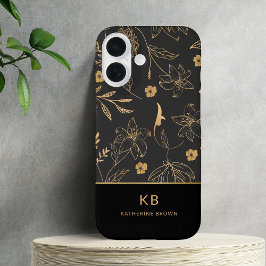 Modern Monogram Elegant Black Gold Floral Pattern iPhone 16 Hülle