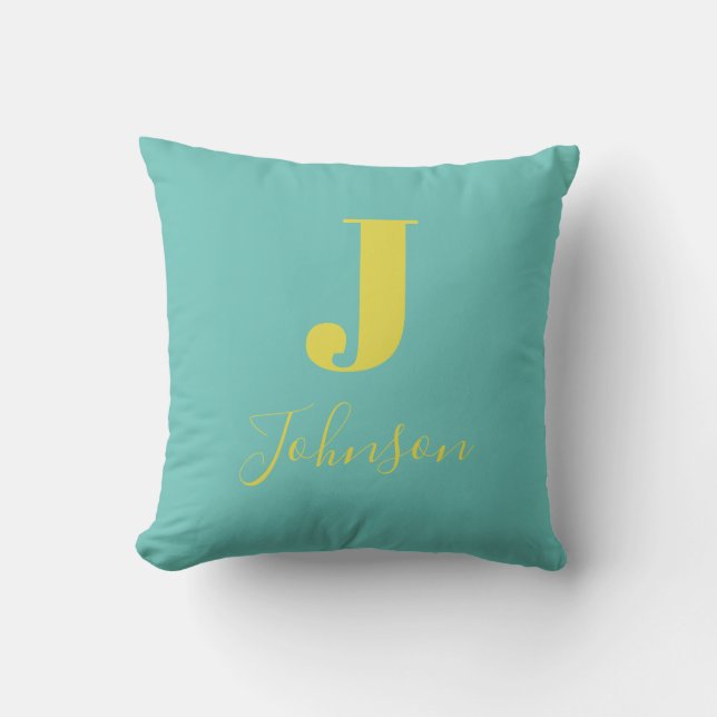 Modern Monogram Family Name Aquamarin Kissen (Vorderseite)