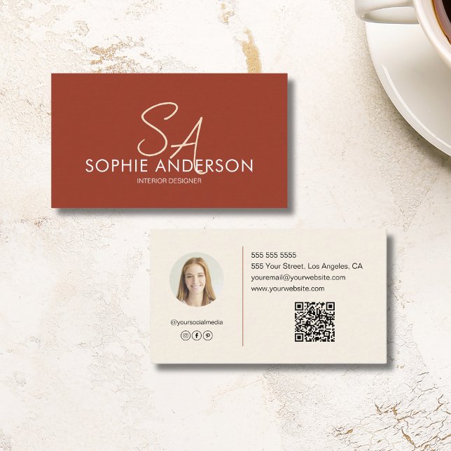 Modern Monogram Foto QR Terracotta Beruflich Visitenkarte (Modern Monogram Photo QR Terracotta Professional Business Card)