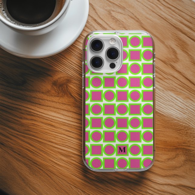 Modern Monogram Fuchsia Green Geometric iPhone 16 Hülle (Von Creator hochgeladen)