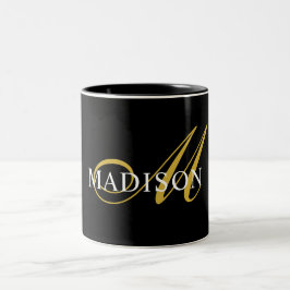 Modern Monogram Gold Schwarz-weißer Script Name Zweifarbige Tasse