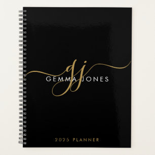 Modern Monogram Gold Script Initials Name Black Planer