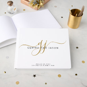 Modern Monogram Gold Script Name White Gästebuch