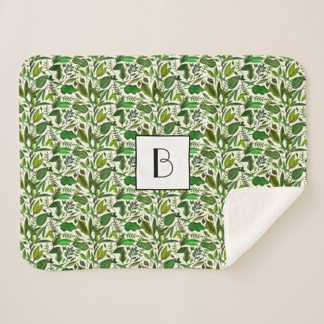 Modern Monogram Green Botanic Muster Sherpadecke (Vorderseite (Horizontal))