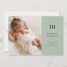 Modern Monogram Green Foto Birth Ankündigung