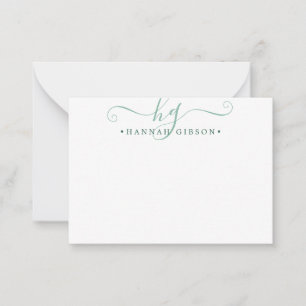 Modern Monogram Green Script Initial Note Card Mitteilungskarte