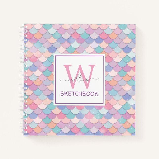 Modern Monogram Hübsch Glam Mermaid Sketchbook Notizbuch (Vorderseite)