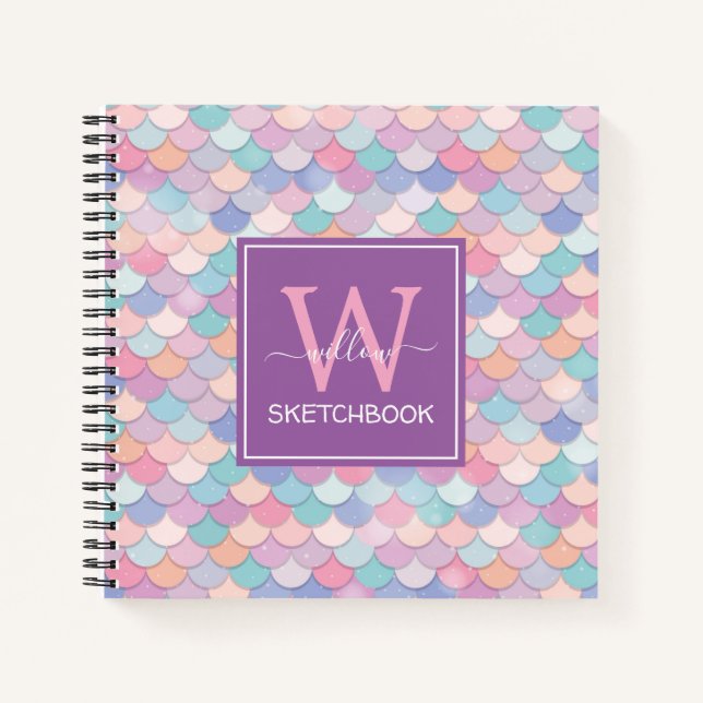 Modern Monogram Hübsch Mermaid Lila Sketchbook Notizbuch (Vorderseite)