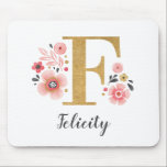 Modern Monogram, Initial Girly Pink Floral Mousepad<br><div class="desc">Ein wunderschönes, mit Monogramm, rosa Blumenmousepad mit rosafarbenen Blume und einem Imitat mit goldenem Buchstaben F. Personalisieren Sie das Mauspad, indem Sie unter dem Monogramm Ihren Namen hinzufügen. Macht ein lustiges Geschenk für einen Freund oder für eine Brautjungfrau. Entworfen für Sie von BlackBerry Boulevard.</div>