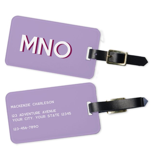 Modern Monogram Initial Lilac Gepäckanhänger (Simple monogram initials personalized lilac purple drop shadow typography luggage tag)