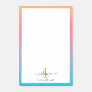 Modern Monogram Initial Script Blue Orange Ombre Post-it Klebezettel