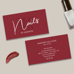 Modern Monogram Logo Deep Red Nail Artist Visitenkarte