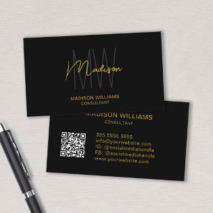 Modern Monogram Logo QR Code Black Gold Consultant Visitenkarte