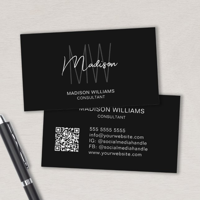 Modern Monogram Logo QR Schwarz-weiß Consultant Visitenkarte (Modern Monogram Logo QR Black White Consultant Business Card)