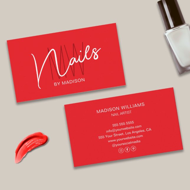 Modern Monogram Logo Red Nail Artist Visitenkarte (Modern Monogram Logo Red Nail Artist Business Card)