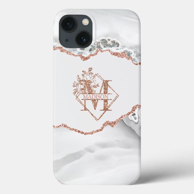 Modern Monogram M White Agate Marmor Rose Gold Case-Mate iPhone Hülle (Rückseite)