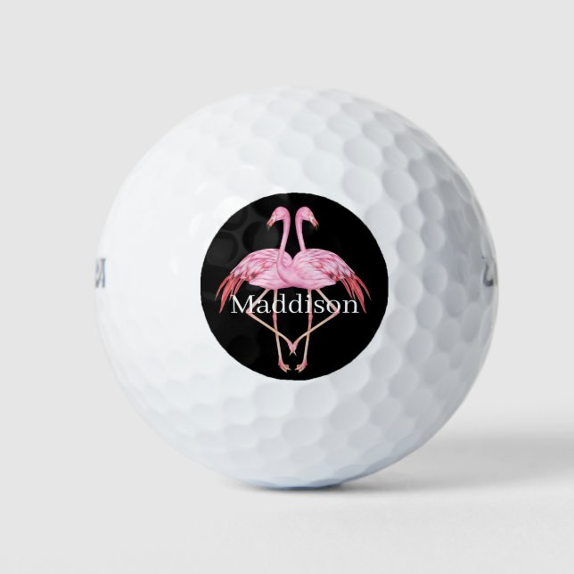 Modern Monogram Name Black Pink Flamingo Golfball (Vorderseite)