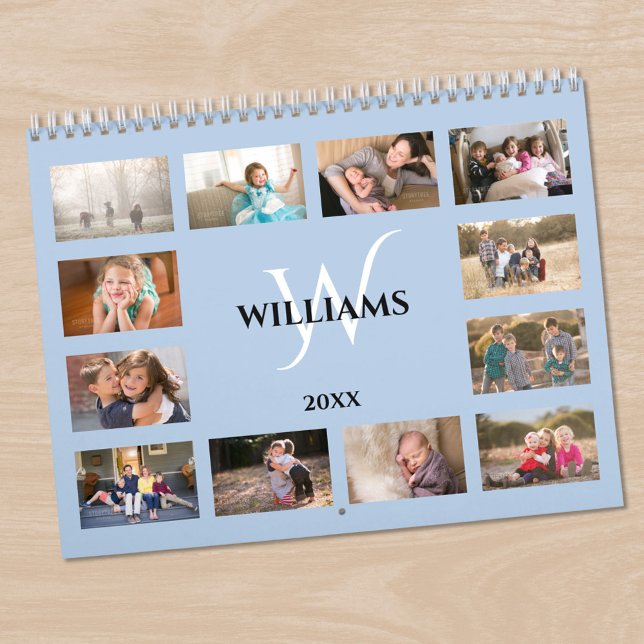 Modern Monogram Name Light Blue Custom Photo Kalender (Modern Monogram Name Light Blue Custom Photo Calendar in situ)