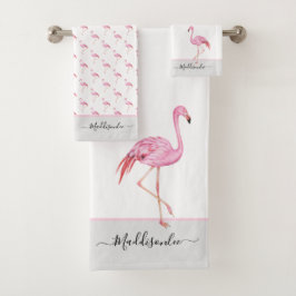 Modern Monogram Name Pink Flamingo Gray Badhandtuch Set