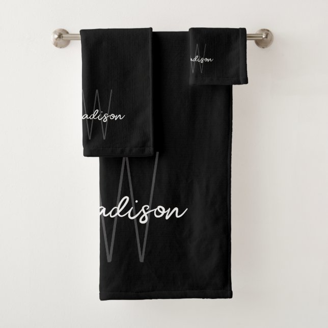 Modern Monogram Name Script Schwarz-weiß Badhandtuch Set (Insitu)