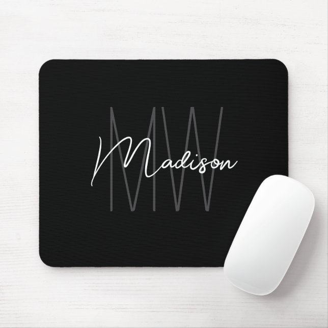 Modern Monogram Name Script Schwarz-weiß Mousepad (Mit Mouse)