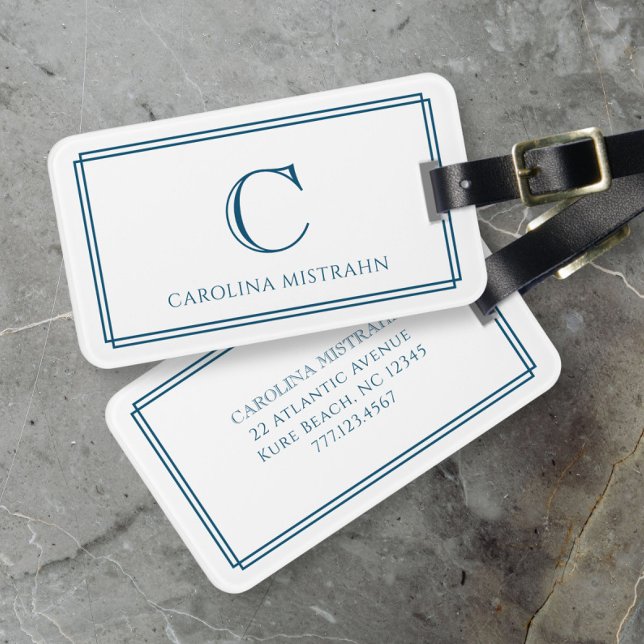 Modern Monogram Navy Blue Double Border Gepäckanhänger (Von Creator hochgeladen)