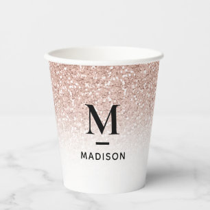 Modern Monogram Pink Rose Gold Glitzer Ombre Name  Pappbecher