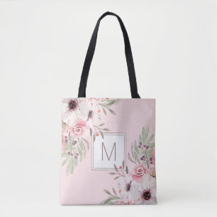 Modern Monogram Pink Watercolor Floral Tasche