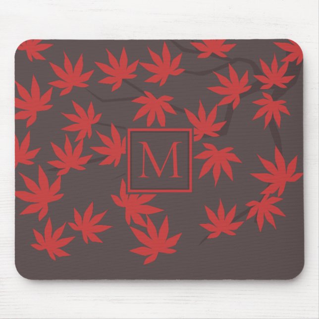 Modern Monogram Red Maple Leaf Grey Mousepad (Vorne)