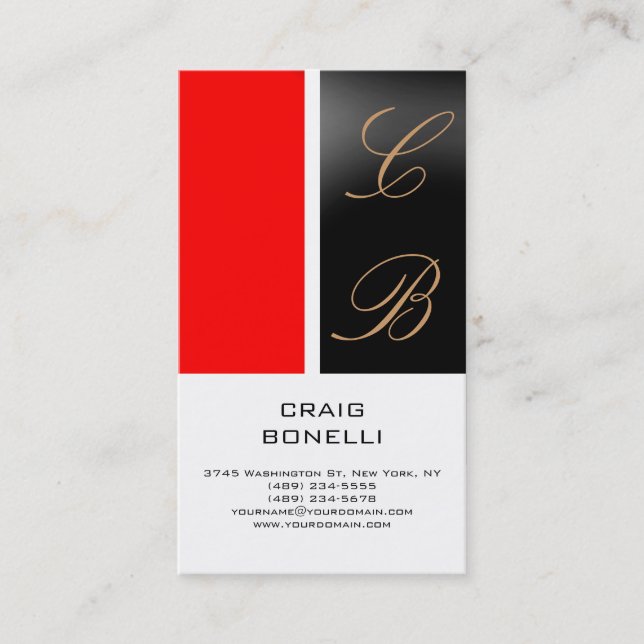 Modern Monogram Red White Black Business Card Visitenkarte (Vorderseite)