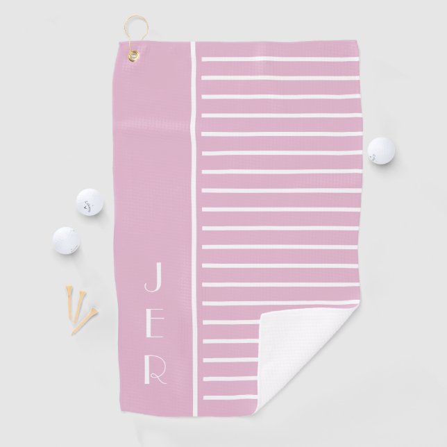 Modern monogram, rosa, weiße Streifen Golfer Golfhandtuch (Insitu)