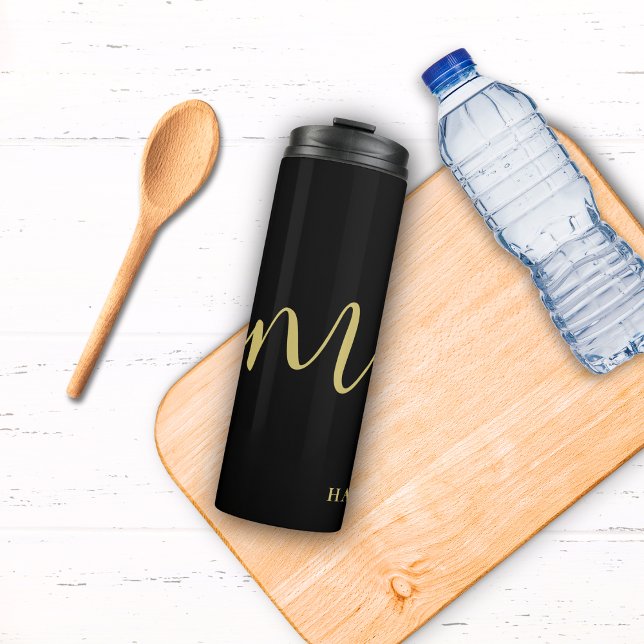 Modern Monogram Script Calligraphy Black Gold Name Thermosbecher (Von Creator hochgeladen)
