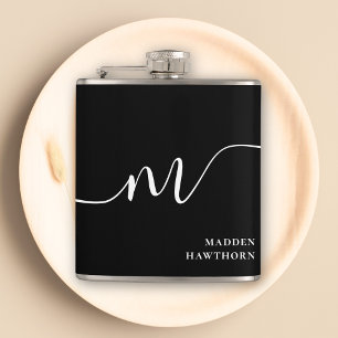 Modern Monogram Script Calligraphy Schwarz-weiß Flachmann