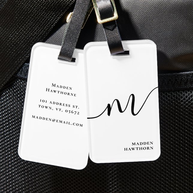 Modern Monogram Script Calligraphy Schwarz-weiß Gepäckanhänger (Von Creator hochgeladen)