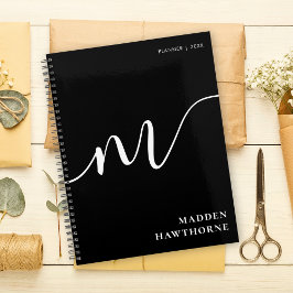 Modern Monogram Script Calligraphy Schwarz-weiß Planer